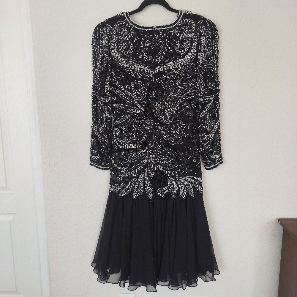 Black Tie Oleg Cassini Sequined Beaded black‎ Longsleeve Dress Size 10 - Picture 6 of 11